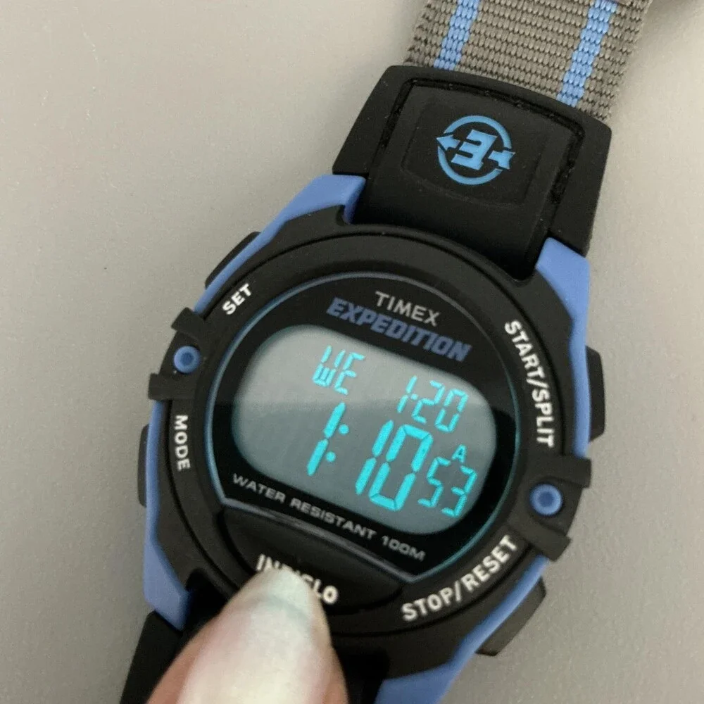 Timex Expedition Unisex Watch 34mm Gray Digital Blue Black Indiglo New Battery